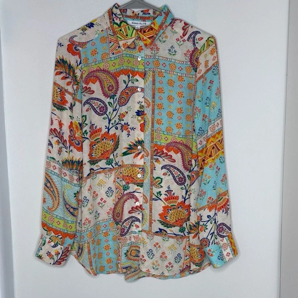Rose & Olive Multicolor Paisley Button Down Retro Boho Shirt - Picture 2 of 12